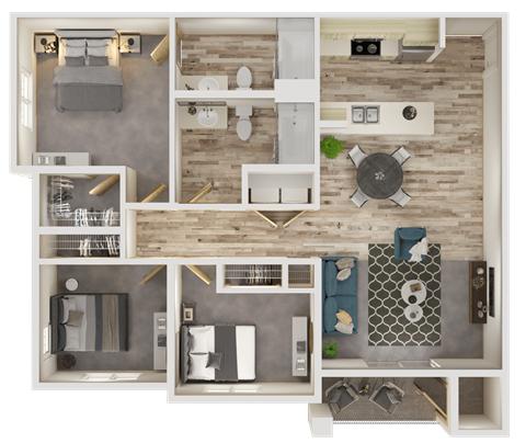 Floor plan for 3 beds, 2 baths, 1216 sqft